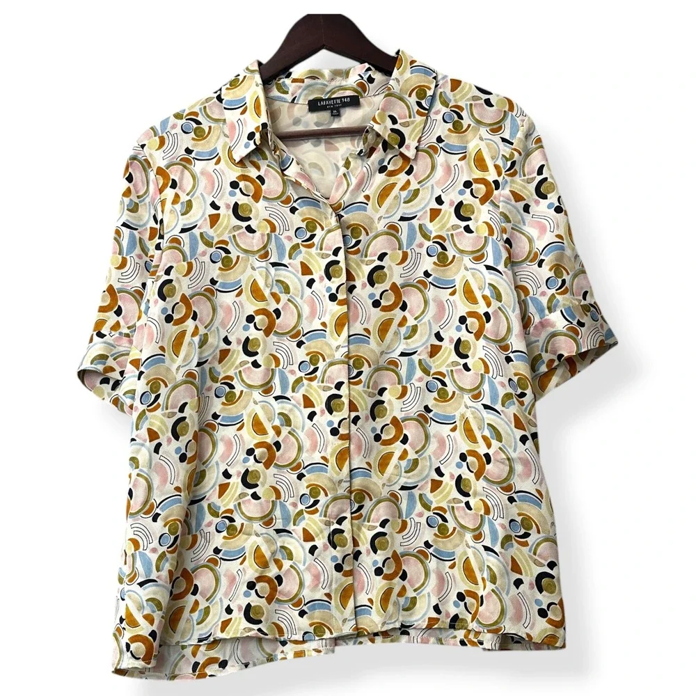 Lafayette 148 Button Up 100% Silk Geometric Artsy Resort Quiet Luxury Womens XL - Picture 2 of 8